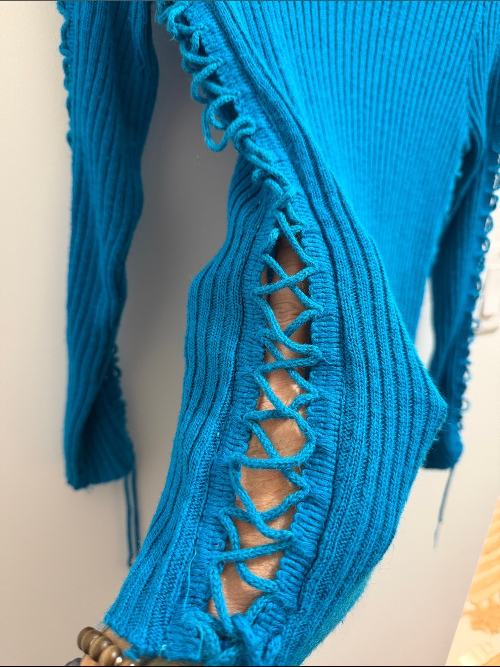 Vintage 59-70s Teal Blue Ribbed Knit Sweater - Picture 3 of 9